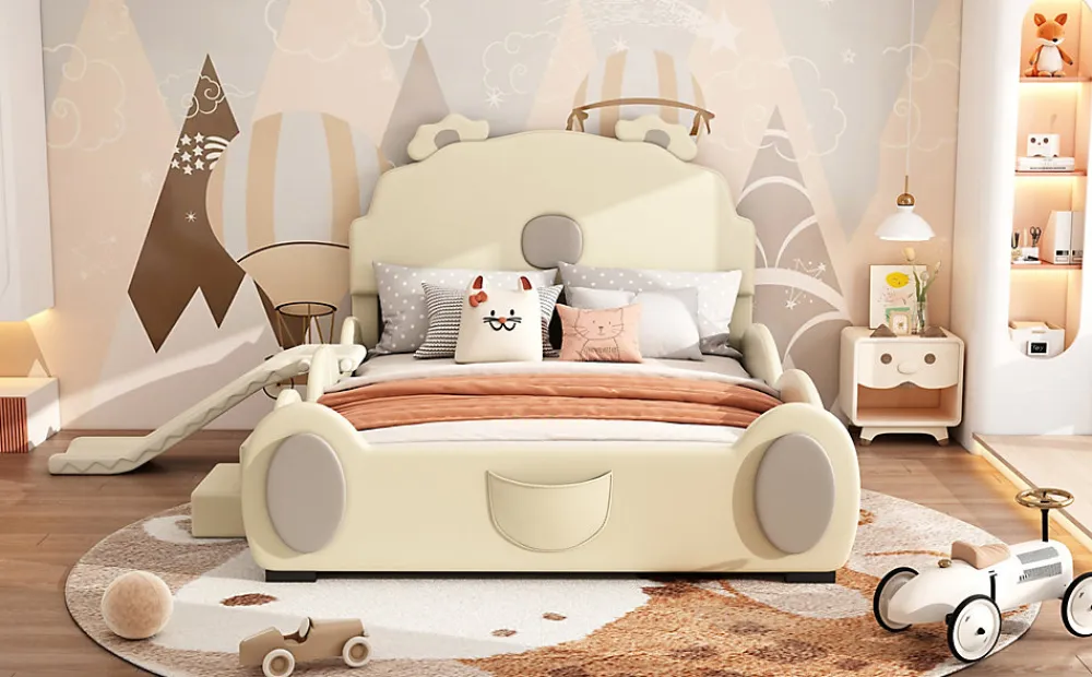 Lit Enfant 140x200cm, Lit Carton avec Toboggan, Beige>Fortuna lai Clearance