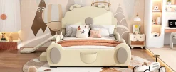 Lit Enfant 140x200cm, Lit Carton avec Toboggan, Beige><noscript><img width=