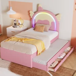 Fortuna lai Lit Enfant 90x200cm, Lit Licorne avec Lit Escamotable, Rose*Enfant Lit Enfant