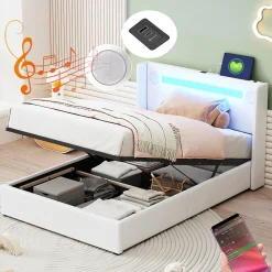 Lit enfant, 90x200cm, PU, LED, USB, Bluetooth, coffre, sommier, beige>Generique Sale