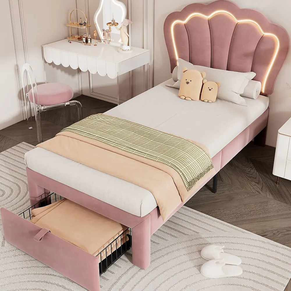 Blackcolors Lit Enfant 90x190cm Tiroirs APP-Control LED Velours Rose* Lit Coffre