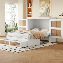 Okwish Lit Escamotable 140x200 cm - Lit Mural Vertical avec 2 Tiroirs de Rangement, Structure Bois de Pin et MDF, Sans Matelas, Blanc* Lit Double