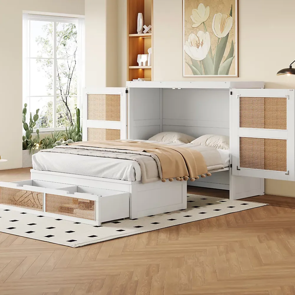 Okwish Lit Escamotable 140x200 cm - Lit Mural Vertical avec 2 Tiroirs de Rangement, Structure Bois de Pin et MDF, Sans Matelas, Blanc* Lit Double