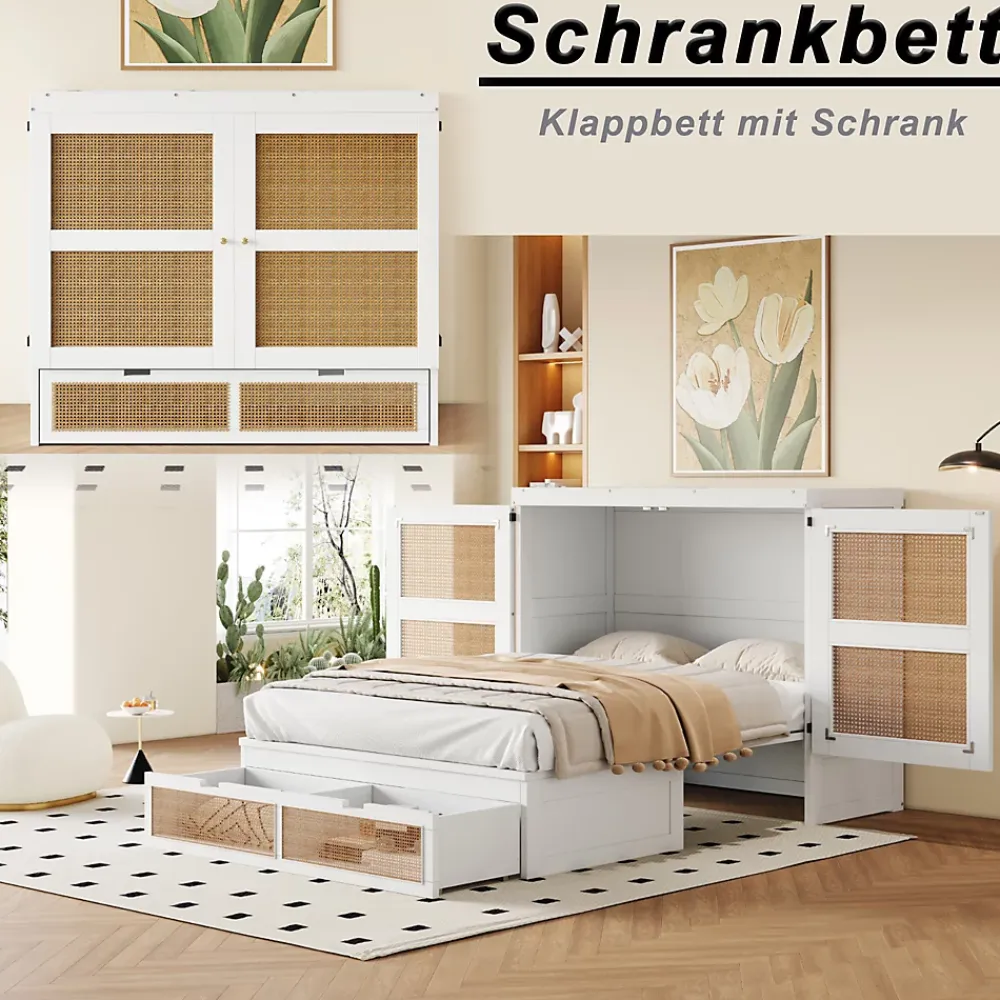 Okwish Lit Escamotable 140x200 cm - Lit Mural Vertical avec 2 Tiroirs de Rangement, Structure Bois de Pin et MDF, Sans Matelas, Blanc* Lit Double