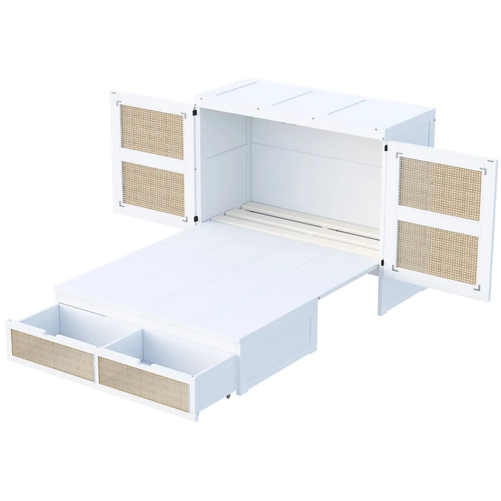 Okwish Lit Escamotable 140x200 cm - Lit Mural Vertical avec 2 Tiroirs de Rangement, Structure Bois de Pin et MDF, Sans Matelas, Blanc* Lit Double