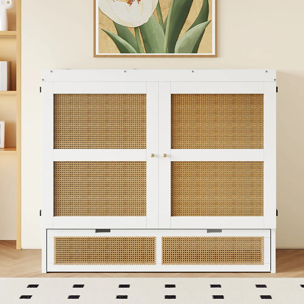 Okwish Lit Escamotable 140x200 cm - Lit Mural Vertical avec 2 Tiroirs de Rangement, Structure Bois de Pin et MDF, Sans Matelas, Blanc* Lit Double