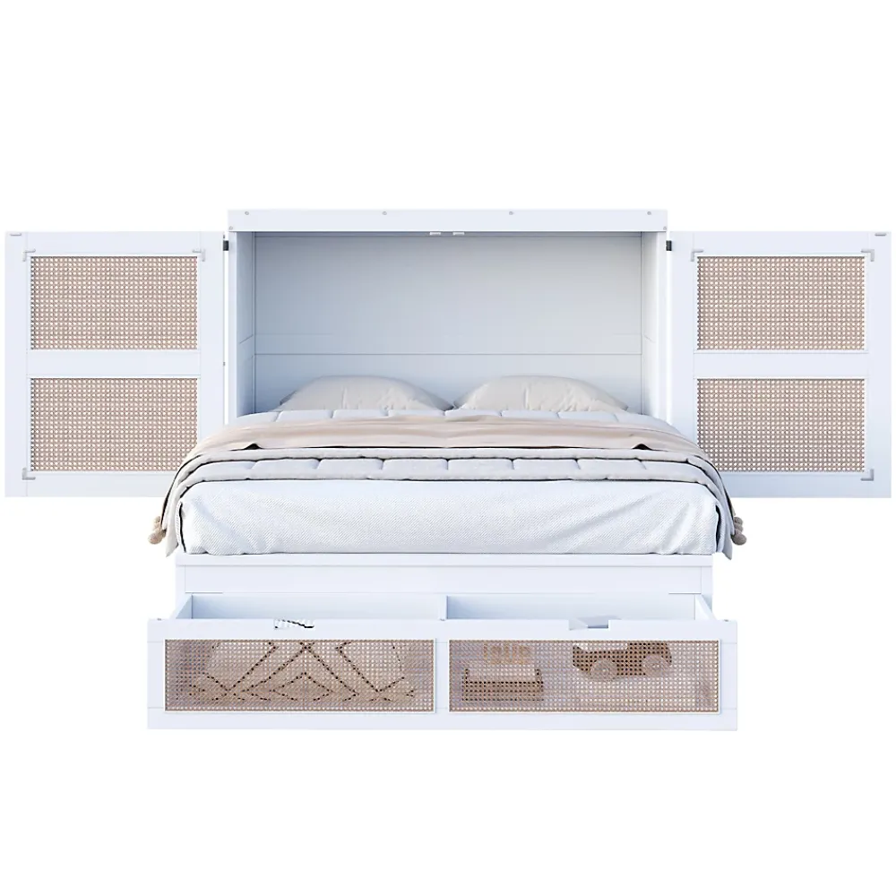 Okwish Lit Escamotable 140x200 cm - Lit Mural Vertical avec 2 Tiroirs de Rangement, Structure Bois de Pin et MDF, Sans Matelas, Blanc* Lit Double