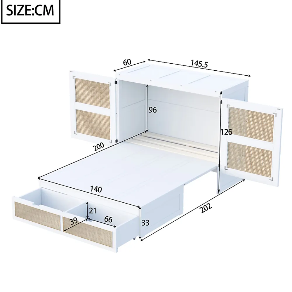 Okwish Lit Escamotable 140x200 cm - Lit Mural Vertical avec 2 Tiroirs de Rangement, Structure Bois de Pin et MDF, Sans Matelas, Blanc* Lit Double