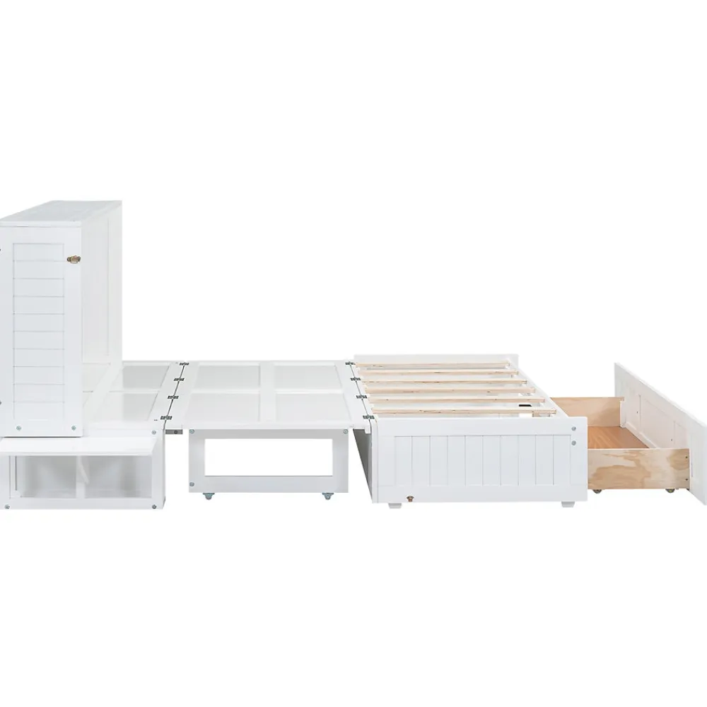 Lit Escamotable 140x200cm, Avec Tiroirs, Petit Étagère, Transformable, Blanc>Fortuna lai Clearance