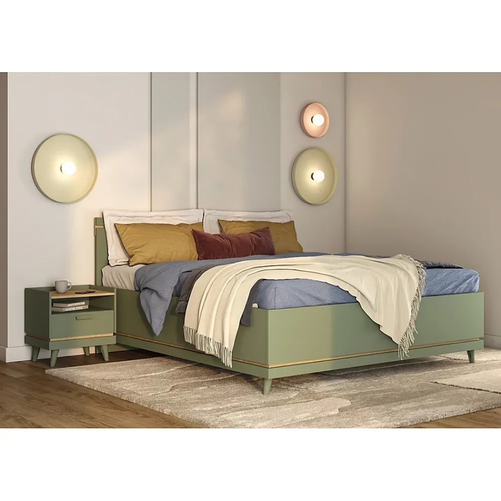 Meublorama Lit et sommier NOKI 160x200 cm vert et bois Style scandinave* Lit Double