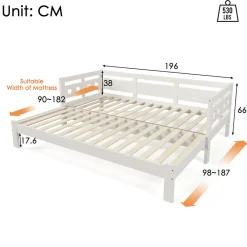 Lit extensible 90x190cm, lit de jour avec 2 places de couchage et cadre roulant, lit en forme de coeur, pin massif, blanc><noscript><img width=
