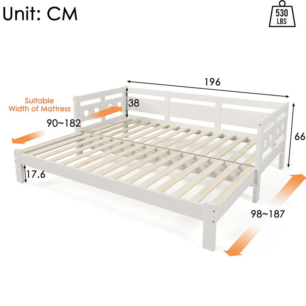 Lit extensible 90x190cm, lit de jour avec 2 places de couchage et cadre roulant, lit en forme de coeur, pin massif, blanc>Gutent Online