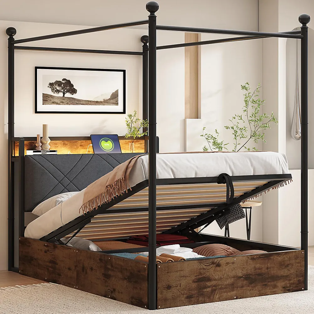 Lit fer forgé 90x190 cm, rangement hydraulique, baldaquin, LED/USB - noir>Blackcolors New