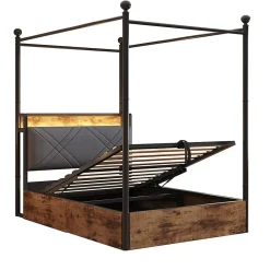 Lit fer forgé 90x190 cm, rangement hydraulique, baldaquin, LED/USB - noir>Blackcolors New