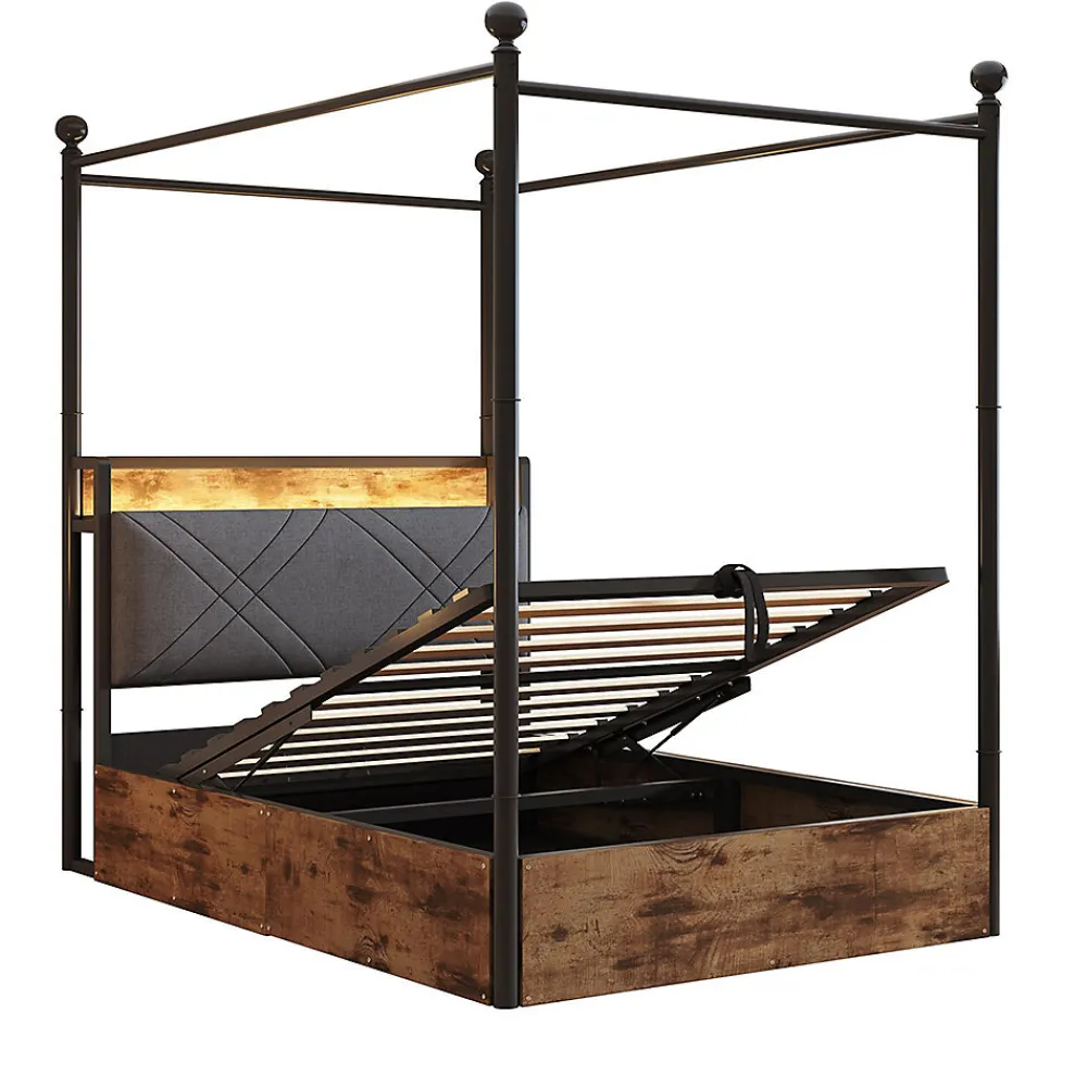 Lit fer forgé 90x190 cm, rangement hydraulique, baldaquin, LED/USB - noir>Blackcolors New