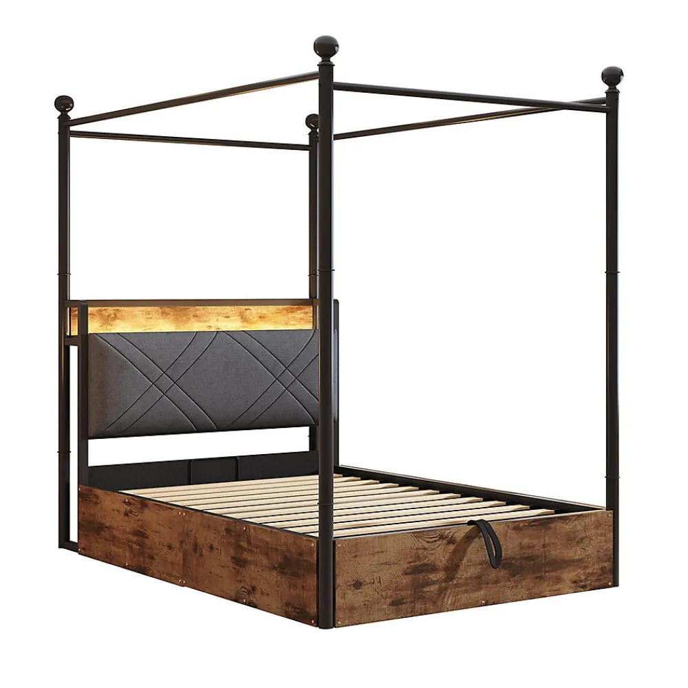 Lit fer forgé 90x190 cm, rangement hydraulique, baldaquin, LED/USB - noir>Blackcolors New