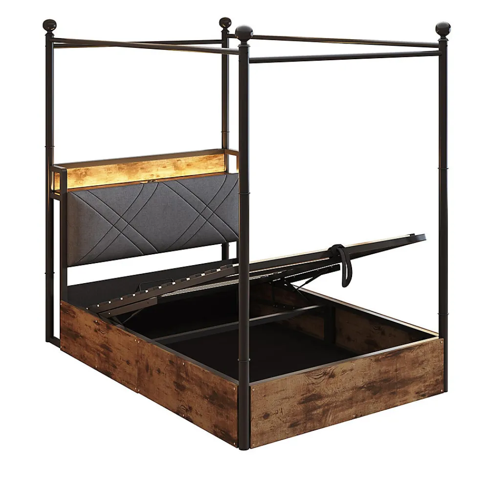 Lit fer forgé 90x190 cm, rangement hydraulique, baldaquin, LED/USB - noir>Blackcolors New