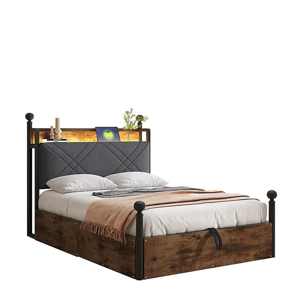Lit fer forgé 90x190 cm, rangement hydraulique, baldaquin, LED/USB - noir>Blackcolors New