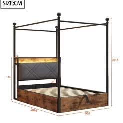 Lit fer forgé 90x190 cm, rangement hydraulique, baldaquin, LED/USB - noir><noscript><img width=