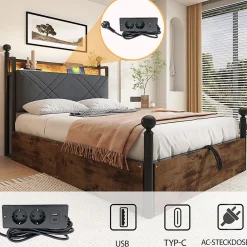 Lit fer forgé 90x190 cm, rangement hydraulique, baldaquin, LED/USB - noir><noscript><img width=