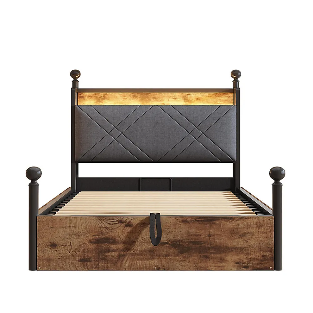 Lit fer forgé 90x190 cm, rangement hydraulique, baldaquin, LED/USB - noir>Blackcolors New