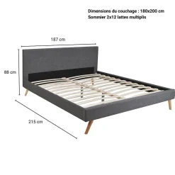 Weber Industries Lit FJORD 180x200 + 1 sommier / tissu Gris Foncé* Lit Double