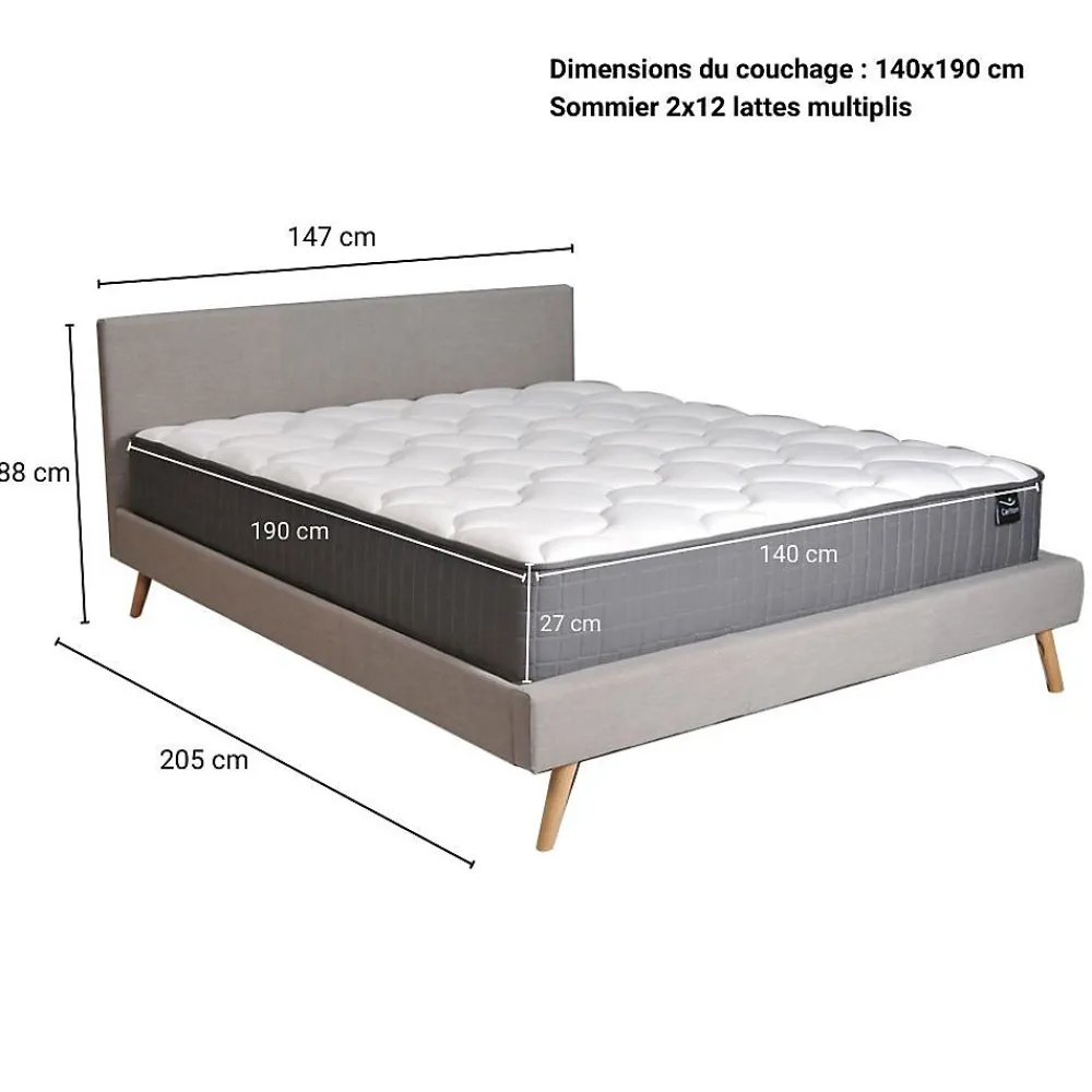 Lit FJORD 140x190 tissu + 1 sommier + 1 matelas CARLTON / Gris Clair>Weber Industries Online