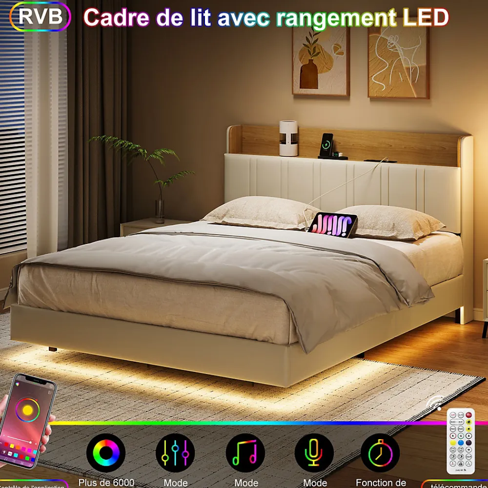 Lit Flottant 140x190 Cm Avec Éclairage LED Et Chargement USB, Rangement Caché, Blanc>Fortuna lai Discount