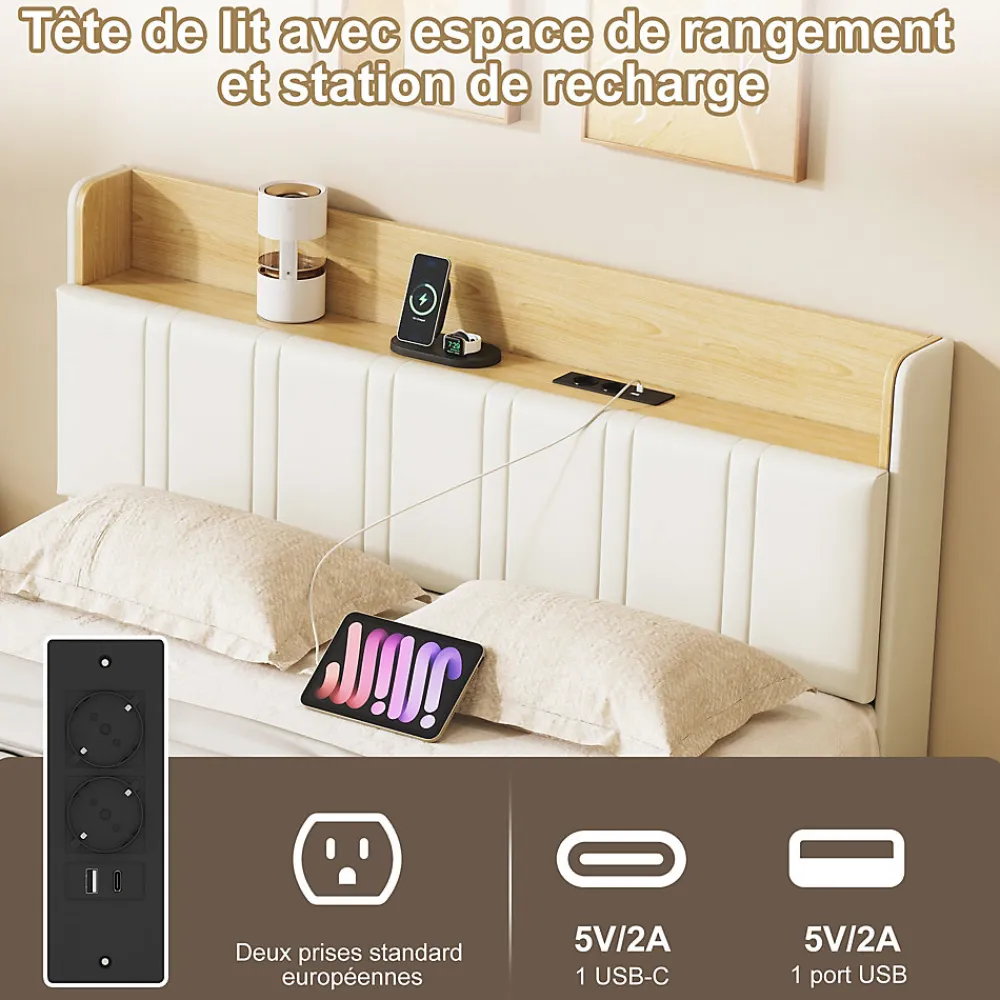 Lit Flottant 140x190 Cm Avec Éclairage LED Et Chargement USB, Rangement Caché, Blanc>Fortuna lai Discount