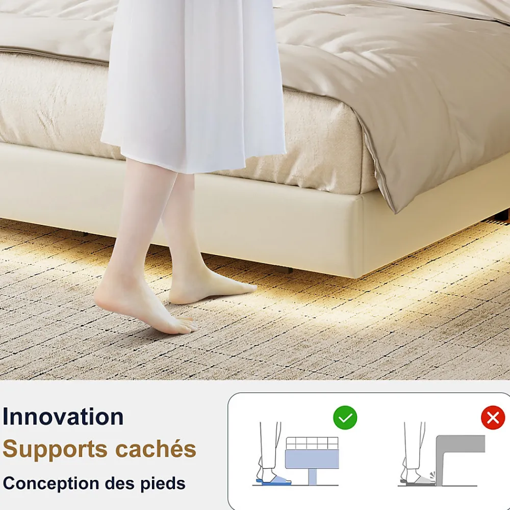 Lit Flottant 140x190 Cm Avec Éclairage LED Et Chargement USB, Rangement Caché, Blanc>Fortuna lai Discount
