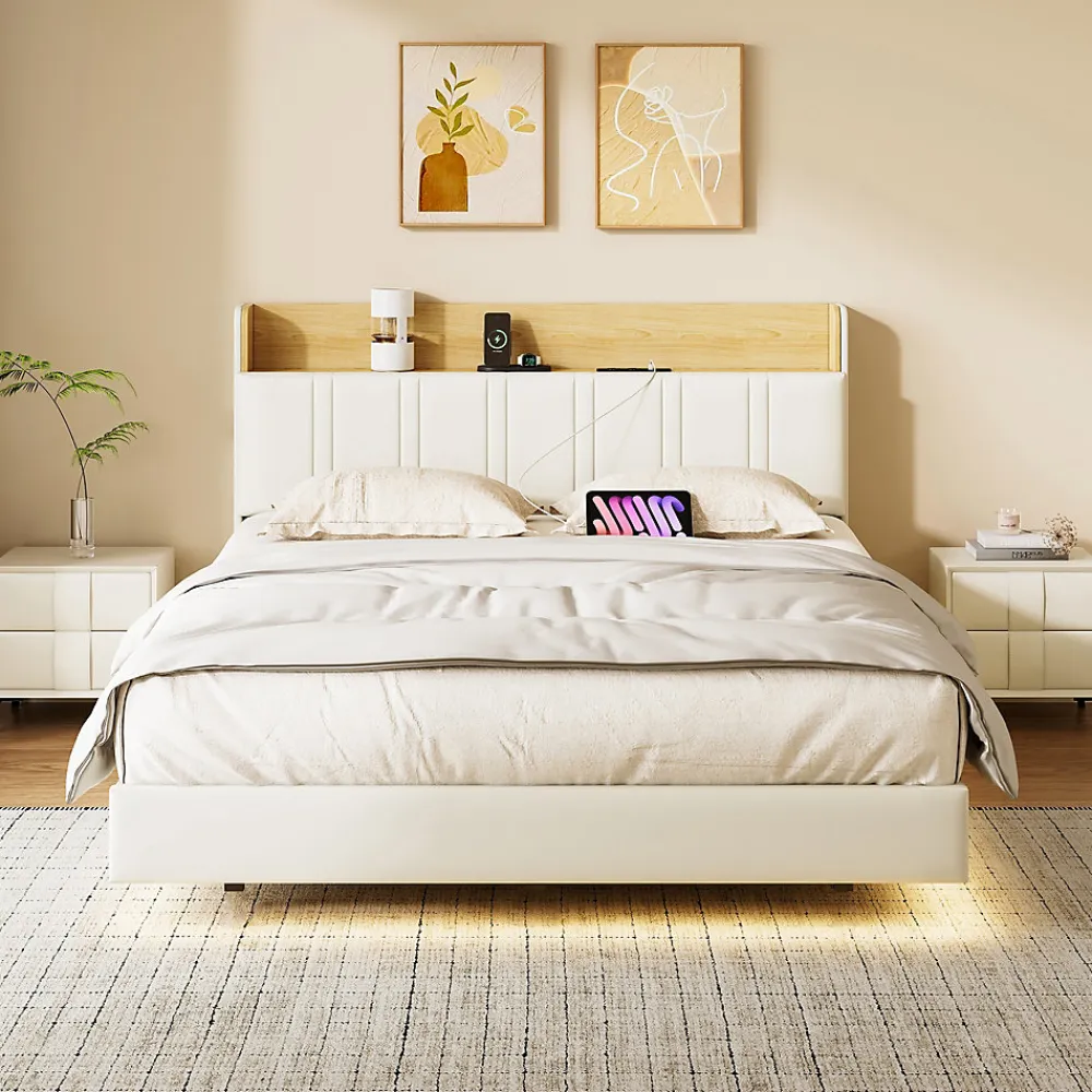 Lit Flottant 140x190 Cm Avec Éclairage LED Et Chargement USB, Rangement Caché, Blanc>Fortuna lai Discount