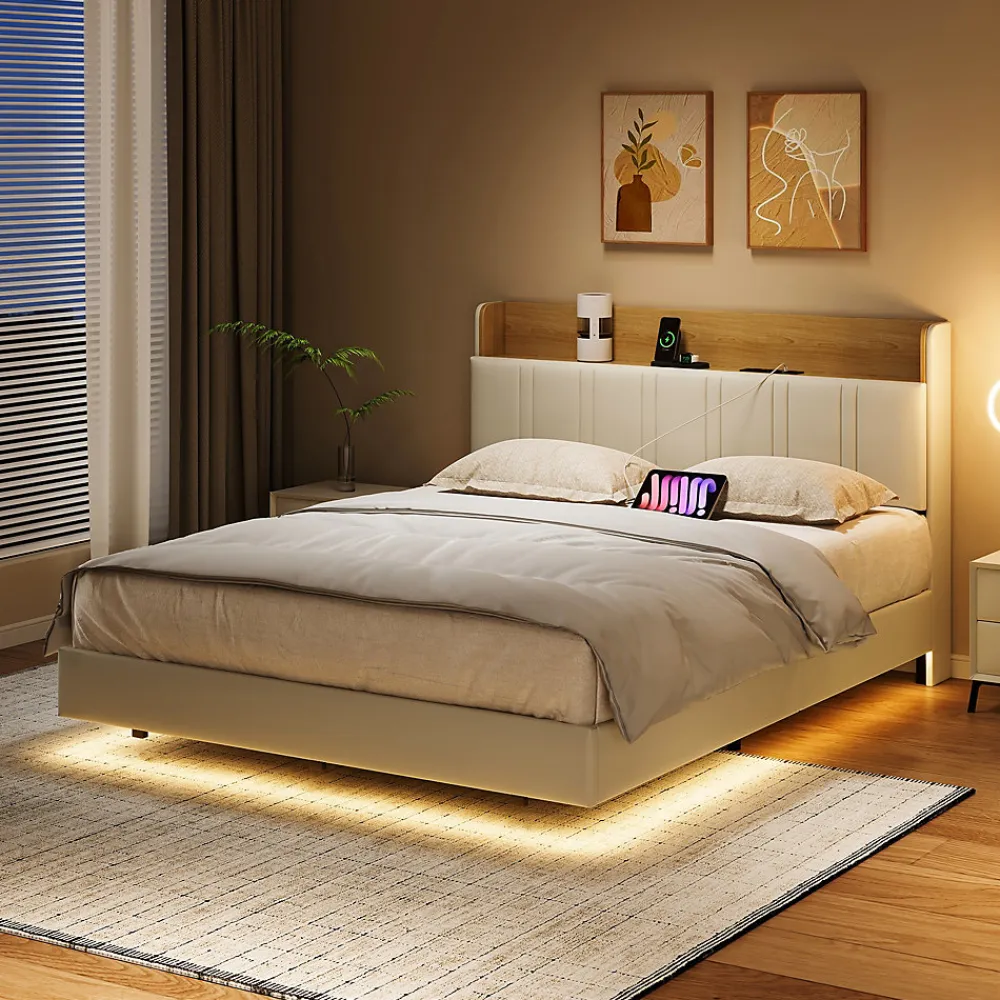 Lit Flottant 140x190 Cm Avec Éclairage LED Et Chargement USB, Rangement Caché, Blanc>Fortuna lai Discount
