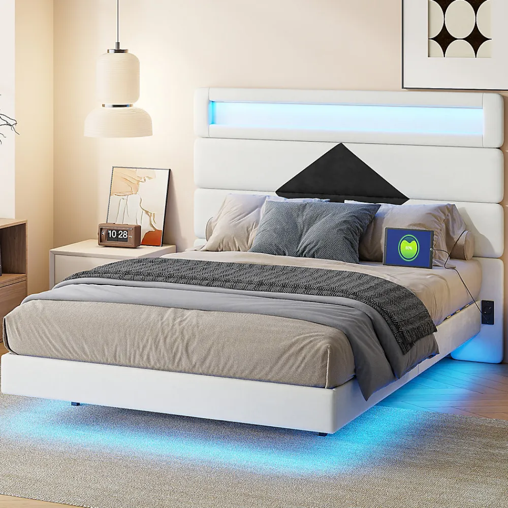 ProximaX Lit flottant 140x190 cm avec LED, 2 ports USB, cadre avec sommier à lattes, tête de lit, pour 2 personnes, blanc et noir* Lit Coffre