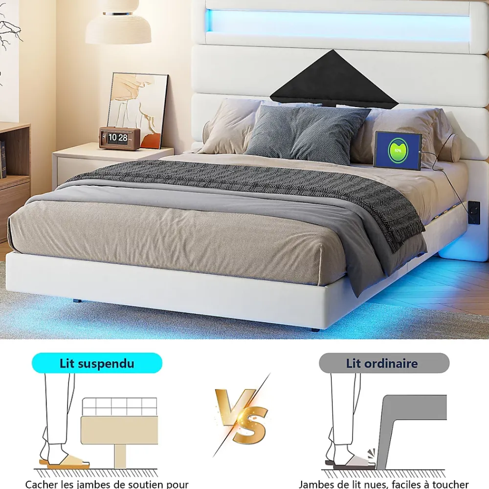 ProximaX Lit flottant 140x190 cm avec LED, 2 ports USB, cadre avec sommier à lattes, tête de lit, pour 2 personnes, blanc et noir* Lit Coffre
