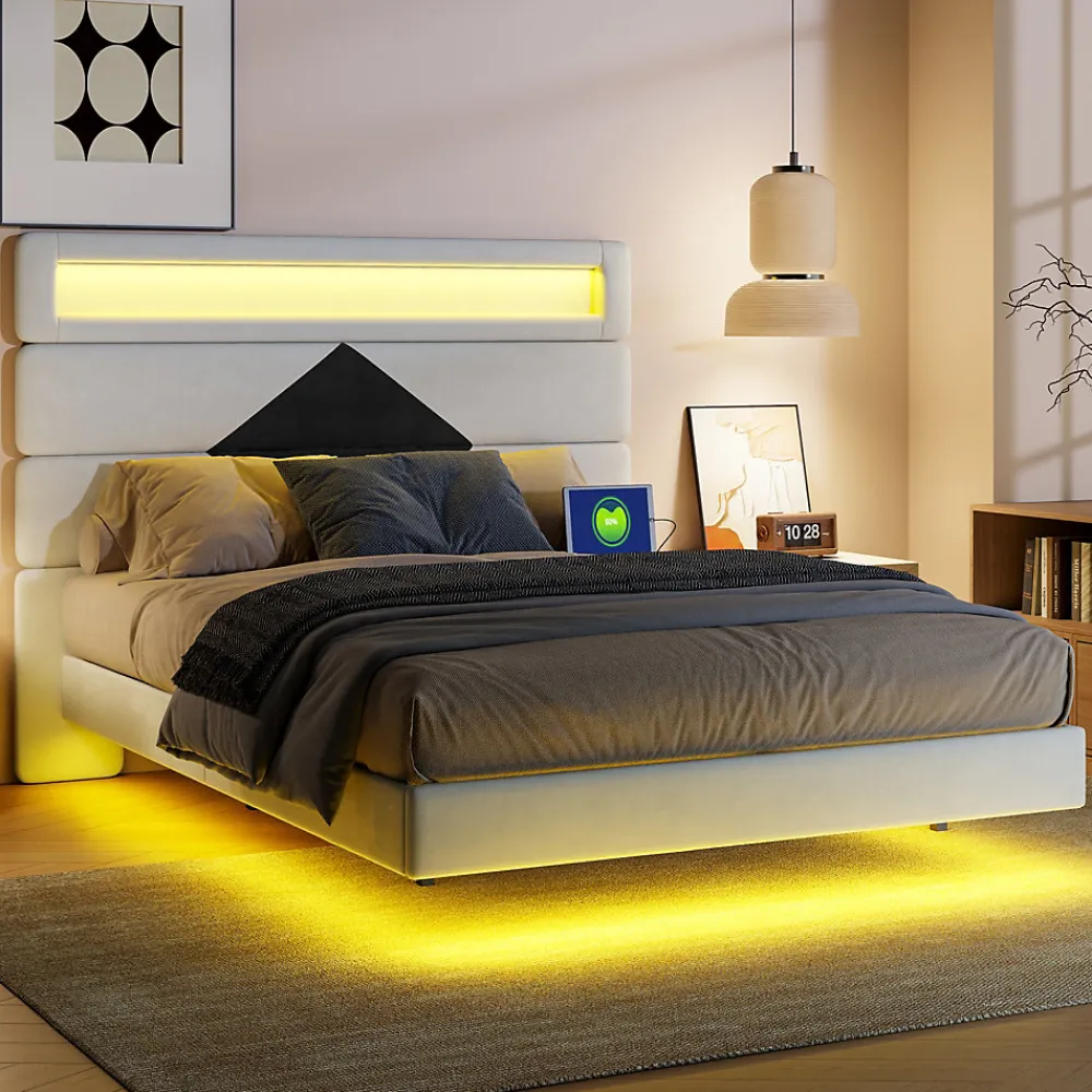 Lit flottant 140x190 cm avec LED et 2 ports USB, cadre avec sommier à lattes, tête de lit incluse, design blanc et noir>ProximaX Best