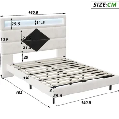 Lit flottant 140x190 cm avec LED et 2 ports USB, cadre avec sommier à lattes, tête de lit incluse, design blanc et noir><noscript><img width=