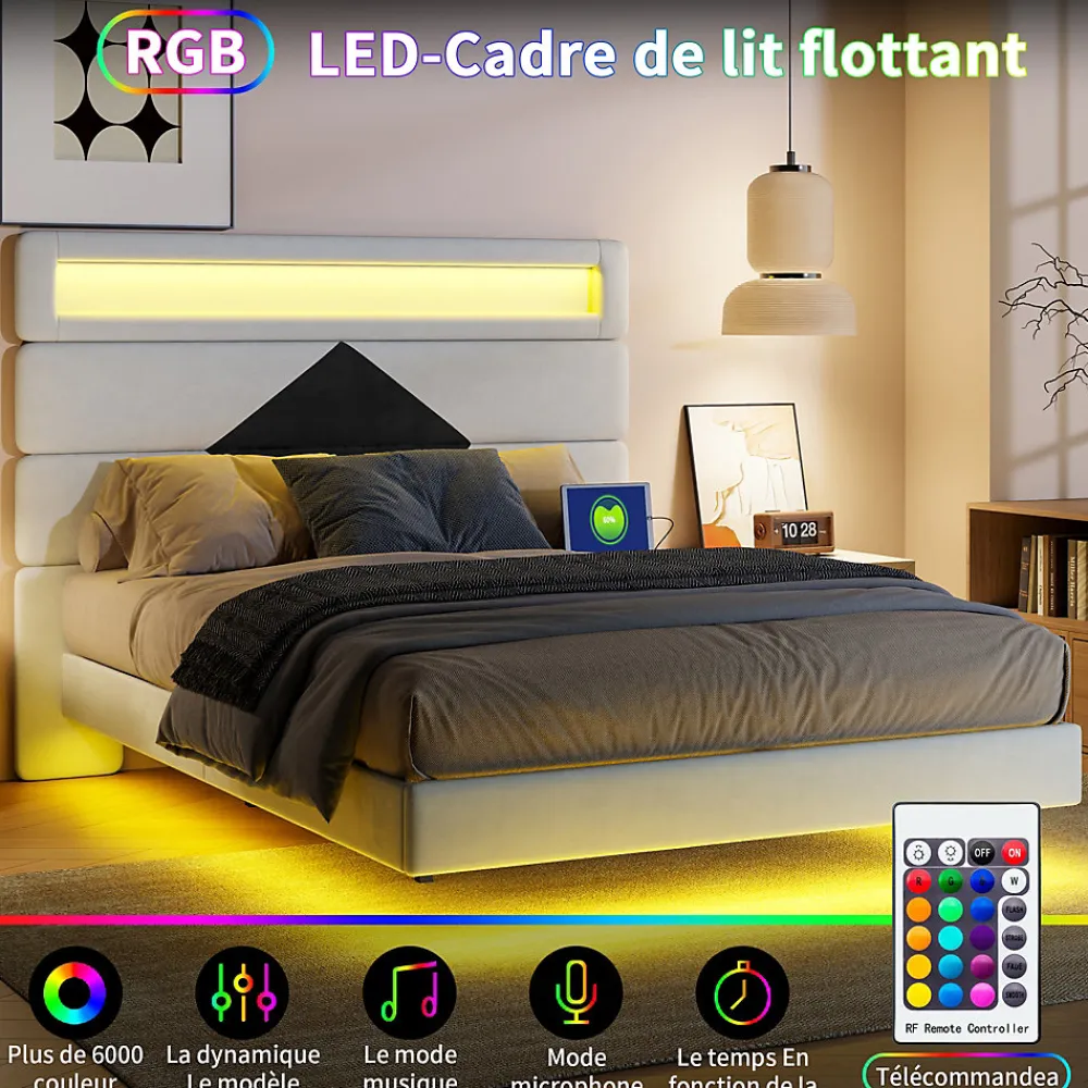 Lit flottant 140x190 cm avec LED et 2 ports USB, cadre avec sommier à lattes, tête de lit incluse, design blanc et noir>ProximaX Best