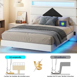 Lit flottant 140x190 cm avec LED et 2 ports USB, cadre avec sommier à lattes, tête de lit incluse, design blanc et noir><noscript><img width=
