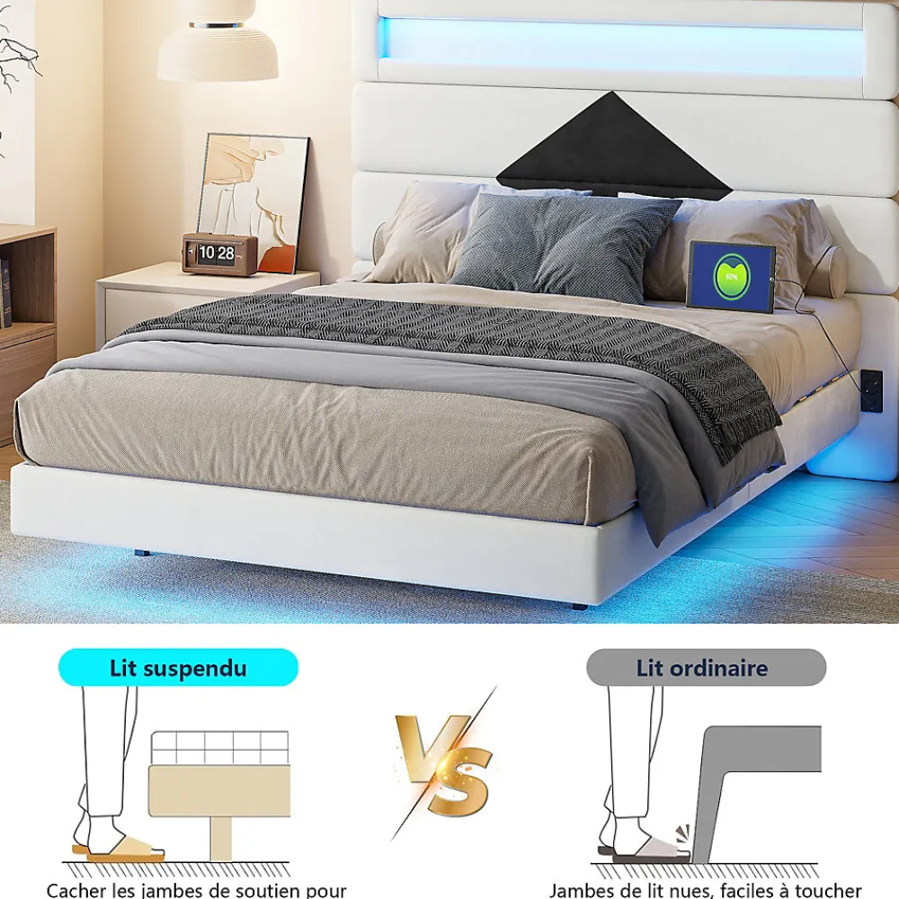 Lit flottant 140x190 cm avec LED et 2 ports USB, cadre avec sommier à lattes, tête de lit incluse, design blanc et noir>ProximaX Best