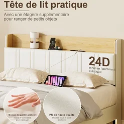 ProximaX Lit flottant 140x200 cm blanc PU + bois clair, rangement tiroir, éclairage LED sous lit, double port USB, poche latérale* Lit Coffre