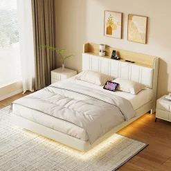 ProximaX Lit flottant 140x200 cm blanc PU + bois clair, rangement tiroir, éclairage LED sous lit, double port USB, poche latérale* Lit Coffre