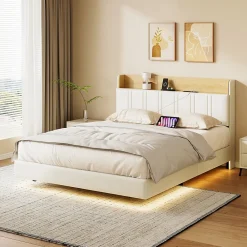 ProximaX Lit flottant 140x200 cm blanc PU + bois clair, rangement tiroir, éclairage LED sous lit, double port USB, poche latérale* Lit Coffre