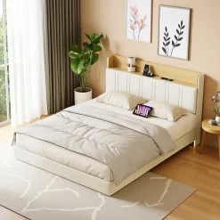 ProximaX Lit flottant 140x200 cm blanc PU + bois clair, rangement tiroir, éclairage LED sous lit, double port USB, poche latérale* Lit Coffre