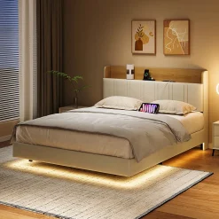ProximaX Lit flottant 140x200 cm blanc PU + bois clair, rangement tiroir, éclairage LED sous lit, double port USB, poche latérale* Lit Coffre