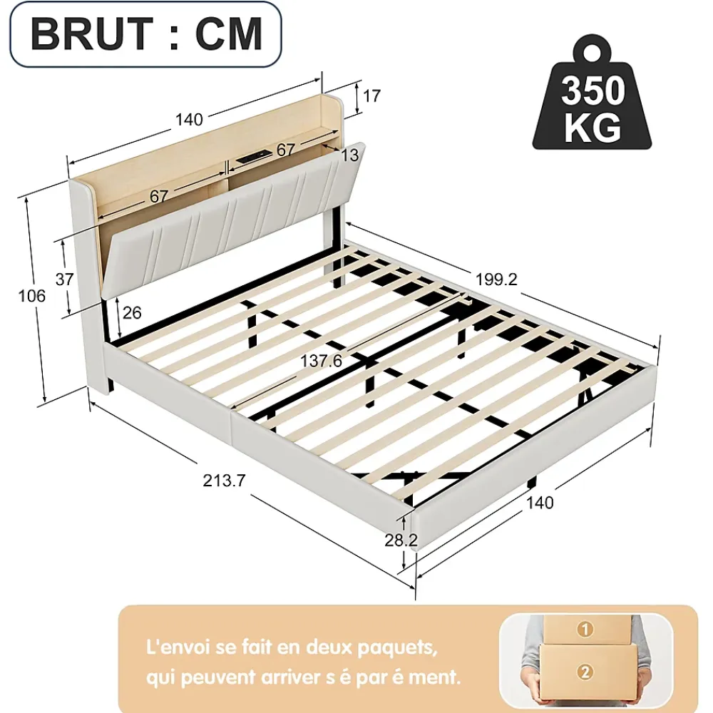 ProximaX Lit flottant 140x200 cm blanc PU + bois clair, rangement tiroir, éclairage LED sous lit, double port USB, poche latérale* Lit Coffre