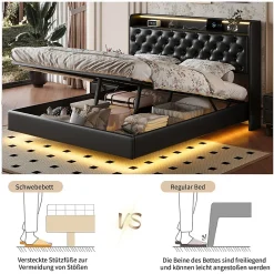 Lit flottant 160x200 cm en polyuréthane avec LED tête et corps, rangement tête de lit rembourrée, prise EU, design moderne.><noscript><img width=