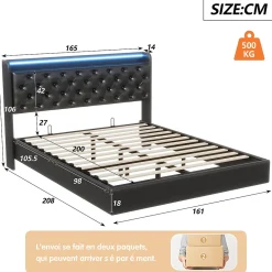 Lit flottant 160x200 cm en polyuréthane avec LED tête et corps, rangement tête de lit rembourrée, prise EU, design moderne.><noscript><img width=