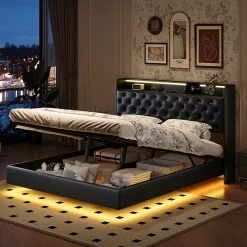 Lit flottant 160x200 cm en polyuréthane avec LED tête et corps, rangement tête de lit rembourrée, prise EU, design moderne.><noscript><img width=