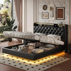 Lit flottant 160x200 cm en polyuréthane avec LED tête et corps, rangement tête de lit rembourrée, prise EU, design moderne.><noscript><img width=