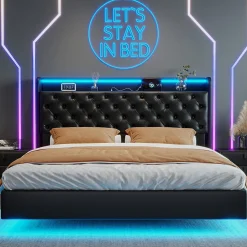 Lit flottant 160x200 cm en polyuréthane avec LED tête et corps, rangement tête de lit rembourrée, prise EU, design moderne.><noscript><img width=